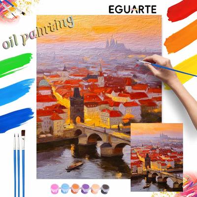 DIY Digitales Ölgemälde-Set. DIY Malen nach Zahlen Set für Erwachsene Sonnenuntergang Prag Stadtbild Kunst Geschenk Heimdeko Wandkunst