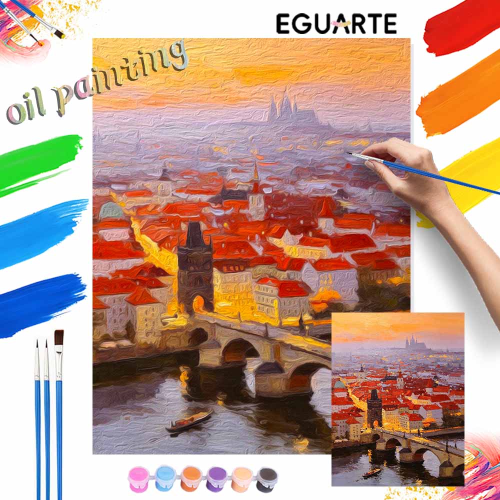 DIY Digital Oil Painting Kit. DIY Adult Painting by Numbers Kit Sunset Prague Cityscape Art Gift Home Decor Wall Art