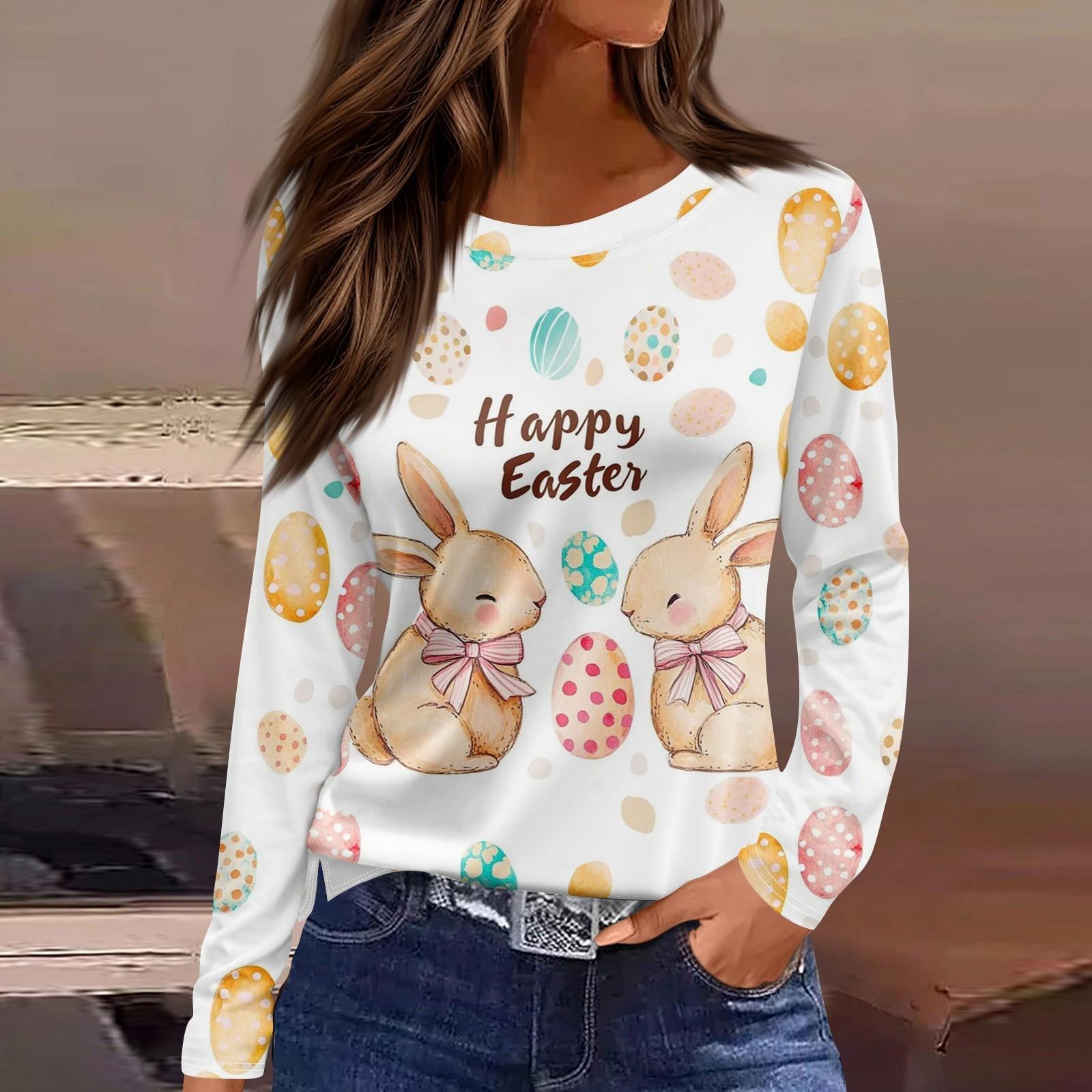 Women s Fashion Casual Slit Hem Round Neck Long Sleeve Loose Printed T-Shirt Ladies Top L