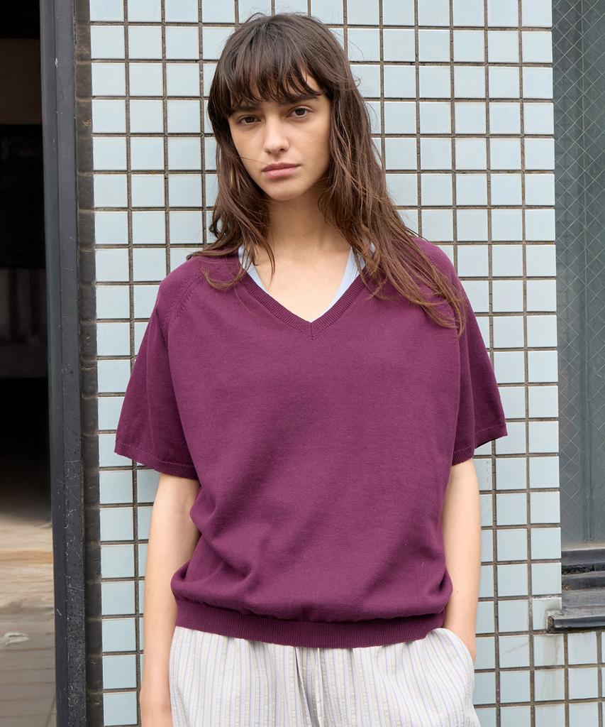 Leuba Fresh Cotton V-Neck Knit - Plum