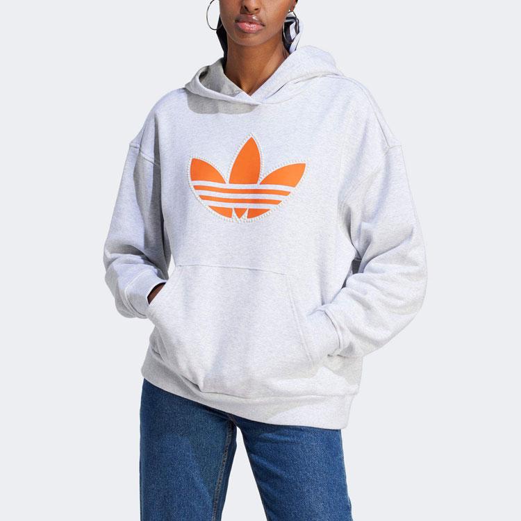 Adidas Originals Pearl Trefoil Boyfriend Hoodie Logo Print Loose Long Sleeve Hooded Sweatshirt Women Hoodies Gray II5602