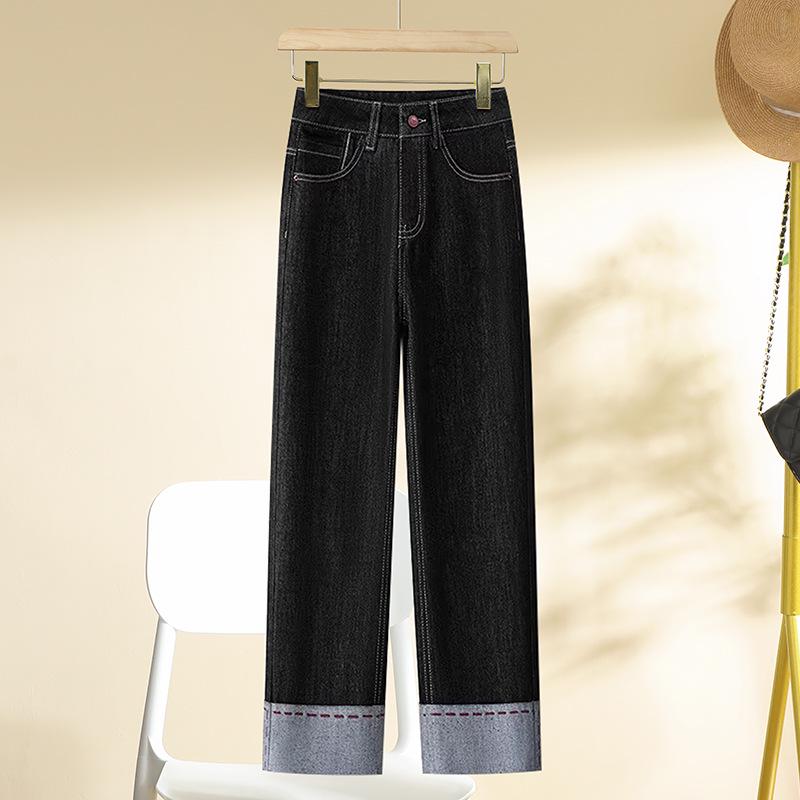 

Женские джинсы прямого кроя из лоскутного денима на флисовой подкладке, стиль осень/зима 2024, укороченный дизайн с высокой посадкой, стройнящий. 32