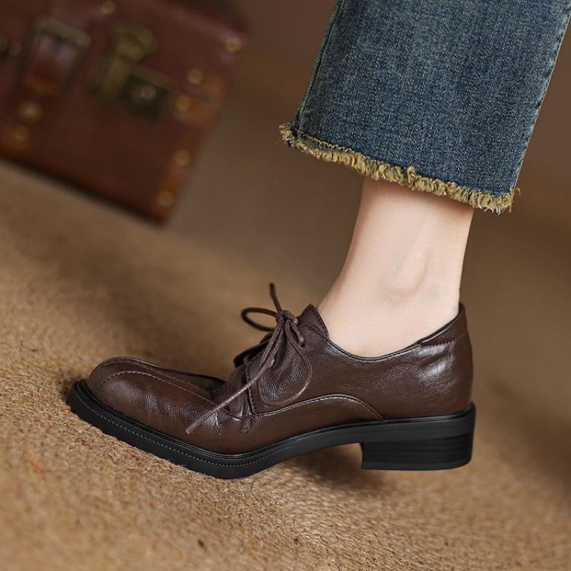 

New women s low-heeled single shoes lace-up flat-heeled round head black small leather shoes comfortable thick-soled non-slip four-season women s sing 39 коричневый