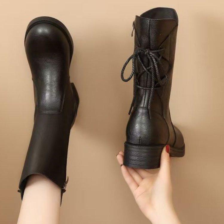 Soft leather Martin boots thickened new medium boots women's 2025 autumn and winter velvet warm medium heel thick heel women's cotton shoes