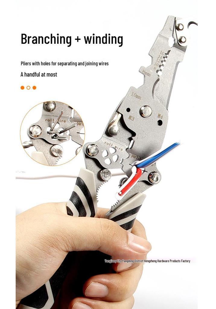 Versatile Electrician's Folding Stripping Pliers with Hook Blade for Cutting, Crimping, and Wire Splitting.