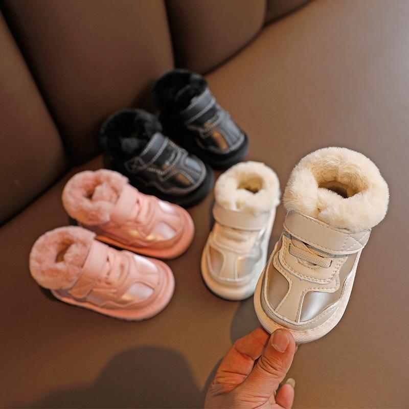 Winter Snow Boots Kids Fashion PU Leather Waterproof Shoes Boys Plus Cashmere Thick Short Boots Girls Cute Pink Casual Shoes