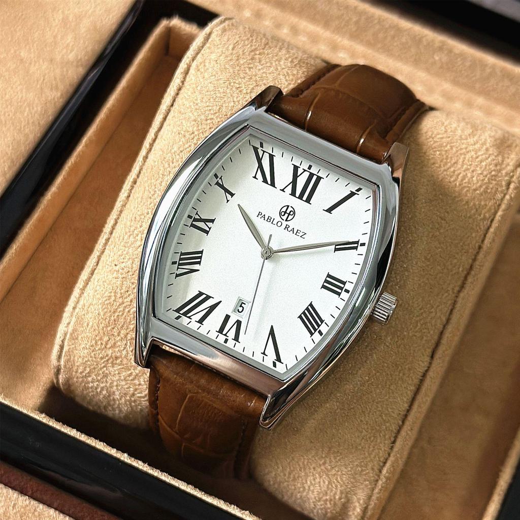 Pablo Raez Barrel Watch: Waterproof Leather Strap, Calendar, Casual Men's Style.