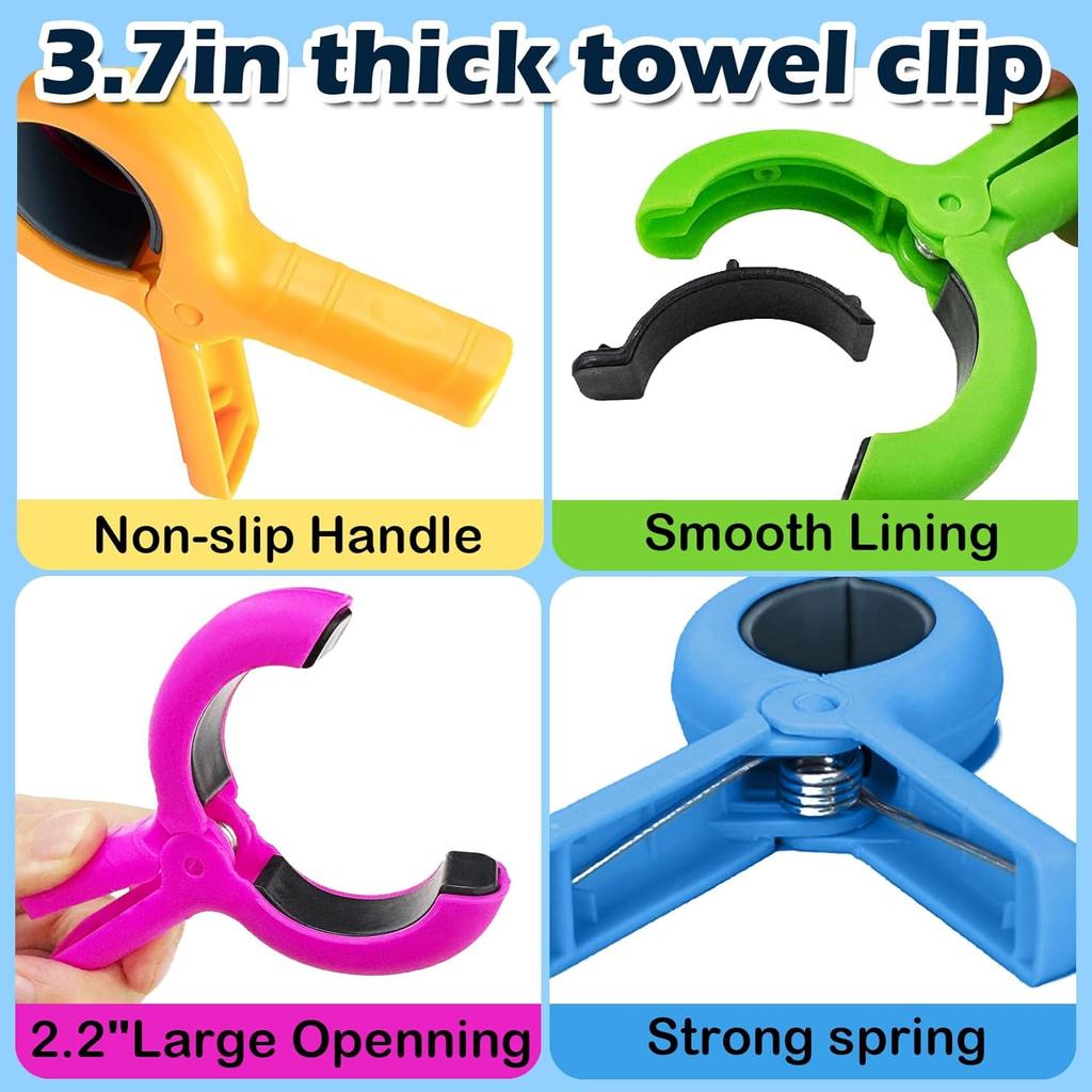 8PCS Large Beach Towel Clips for Beach Chairs, 3.7 Inch Windproof Towel Chair Clips for Beach/Pool/Cruise Chairs, Clothes P Heavy Duty 4 Colors