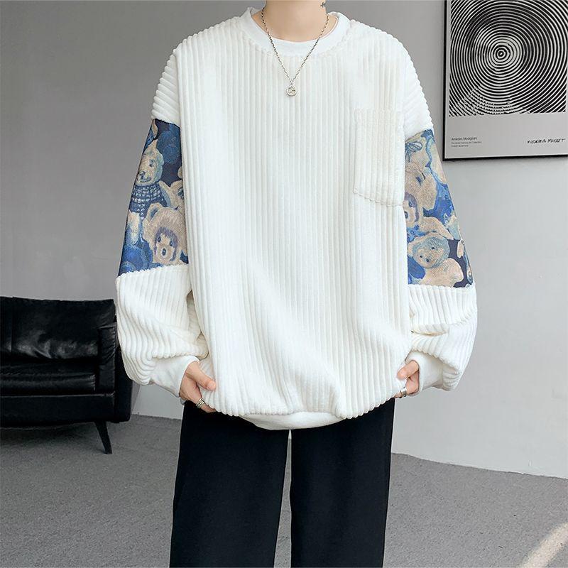 Men's White Corduroy Hoodie with Little Bear Embroidery, Heavyweight Plus Velvet, New Chinese Style, Thickened for Autumn/Winter.
