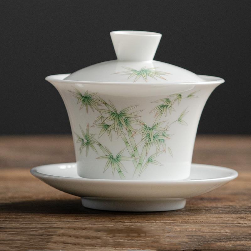 Chinese Ceramic Tea Tureen Handmade Flowers Teacup Suede Jade White Porcelain Gaiwan Travel Portable Tea Bowl Household Tea Set