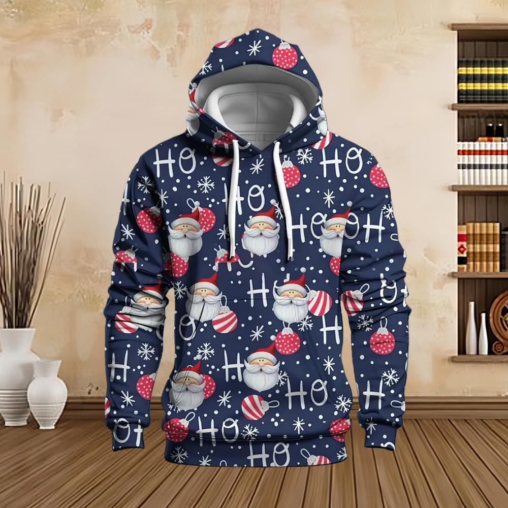 New in Sweatshirts Christmas Santa with Snowman Graphic Print Men's Cozy Drawstring Long Sleeve Pullover Sweatshirt Hoodie Tops