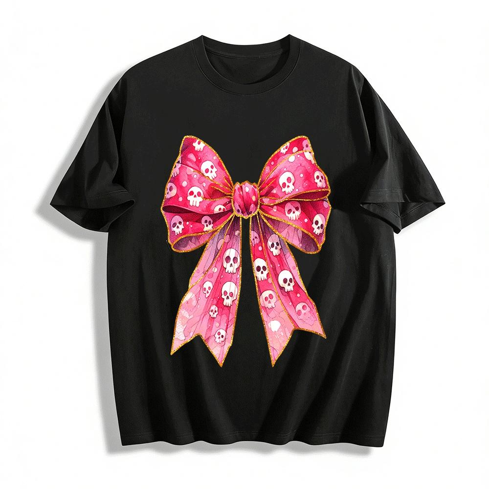 

Pink Skull Bow Print Casual Top Gothic Y2K Style Tee Pure cotton T-shirt XXS