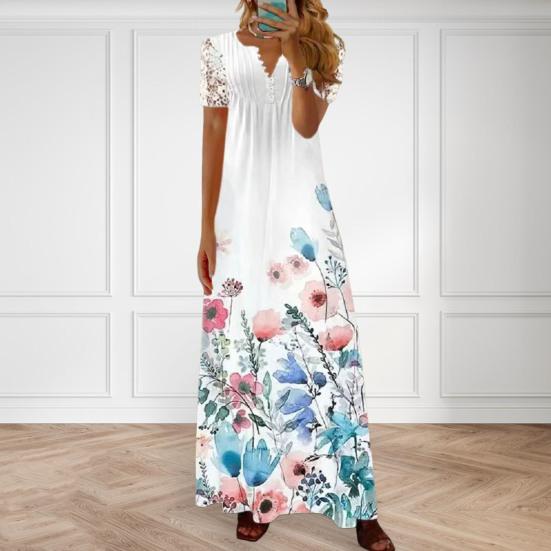 Damen-Sommerkleid, satte Farben, Blumendruck, V-Ausschnitt, Spitze, Patchwork, aushöhlen, kurze Ärmel, plissiert, Boho-Party, Maxikleid, Damenbekleidung