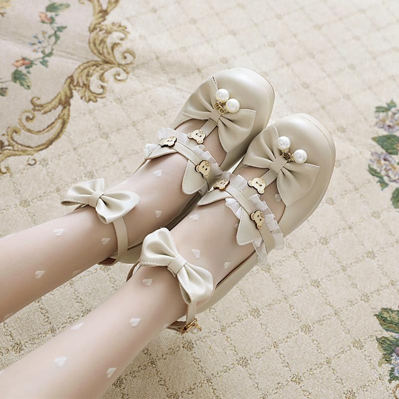 Plus Size Shoes Lace Women Bow Buckle Cute Lolita Girls Shoes Cartoon Bear Pearl Mary Jane Shoes