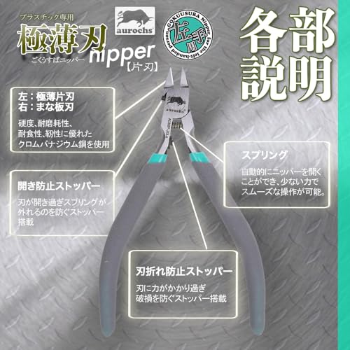 aurochs Ultra-Thin Single-Edged Nippers, Precision Cutting Tools for Plastic Models and Gate Cutting (Gray & Mint, Left-Handed)