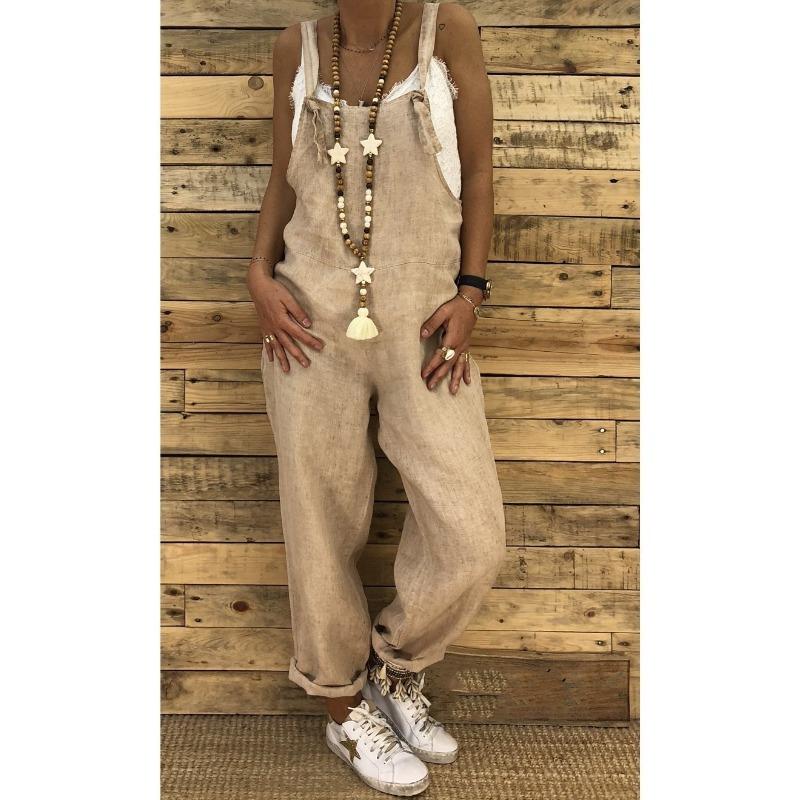 Women's Sleeveless Bow Detail Linen Blend Loose Fit Casual Ankle Length Overall Jumpsuit