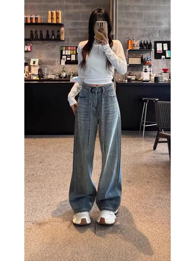 

Plus Size Blue Rhinestone Wide-Leg Jeans - Women s Sky Stars High Waist Floor-Length Pants for Spring/Autumn 2026 XL