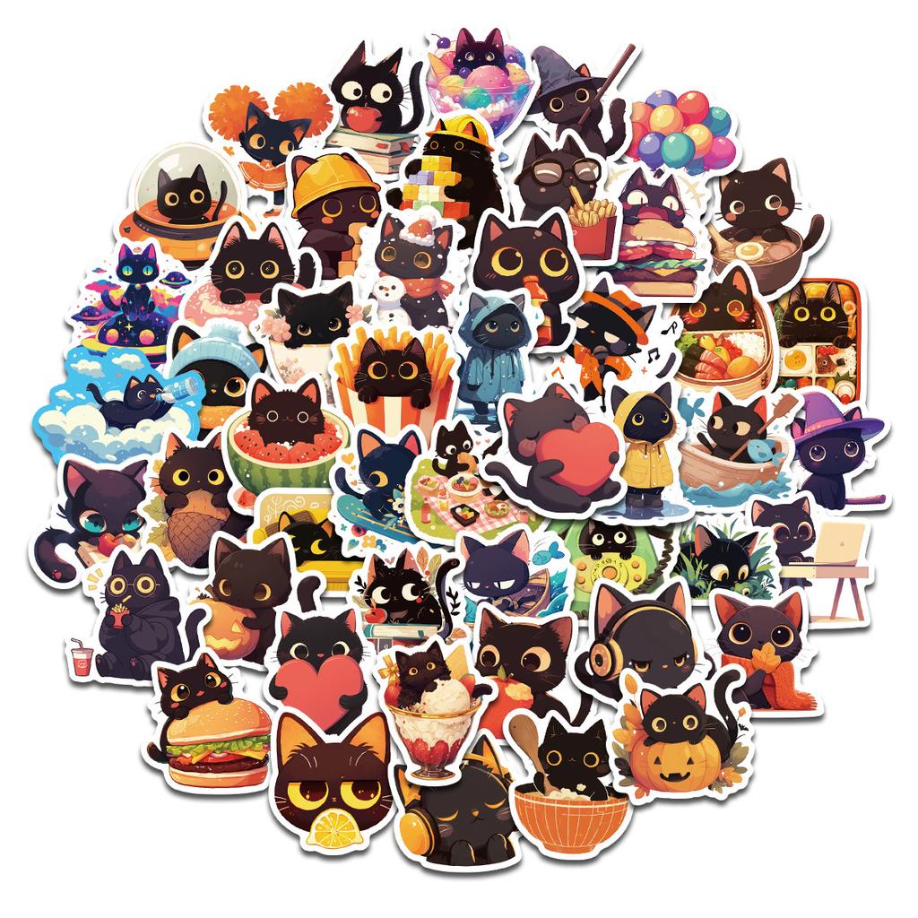 50 Sheets Of Black Cat Life Daily Series Ins Cartoon Cute Animal Stickers Diy Luggage Notebook Stickers