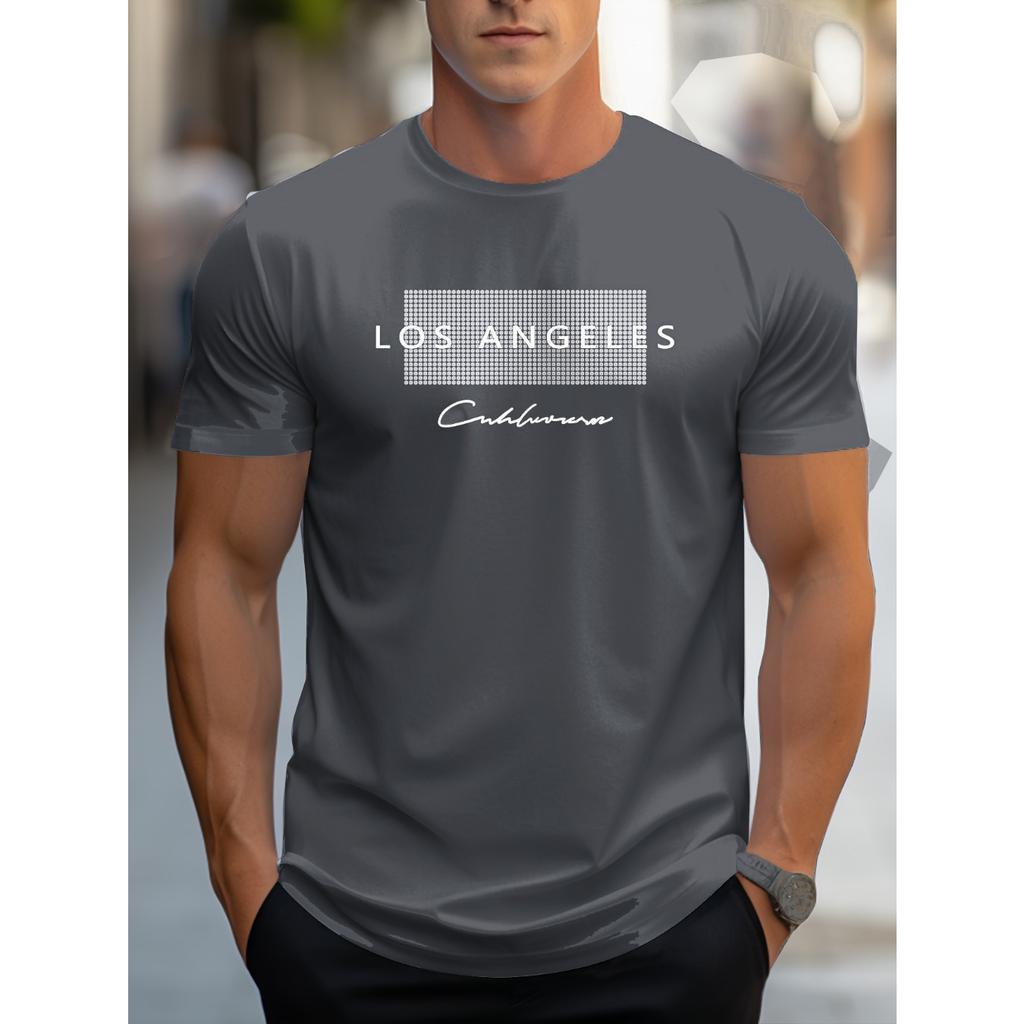 Men's Summer Loose Fit Large Los Angeles Graphic Printed Slim Fit Casual Sports Round Neck Short Sleeved T-shirt Top