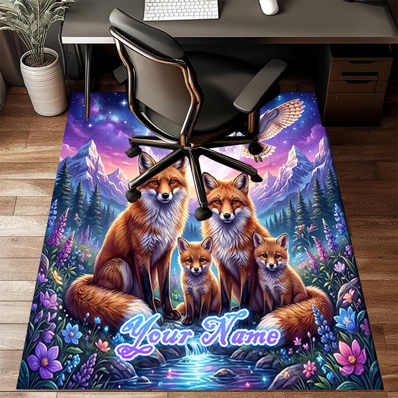1PC Custom Name Fox Family Moonlit Night Theme Floor Mat Ideal for Living Room, Game Rooms, Office, Bedroom, Floor Mat Playful Design