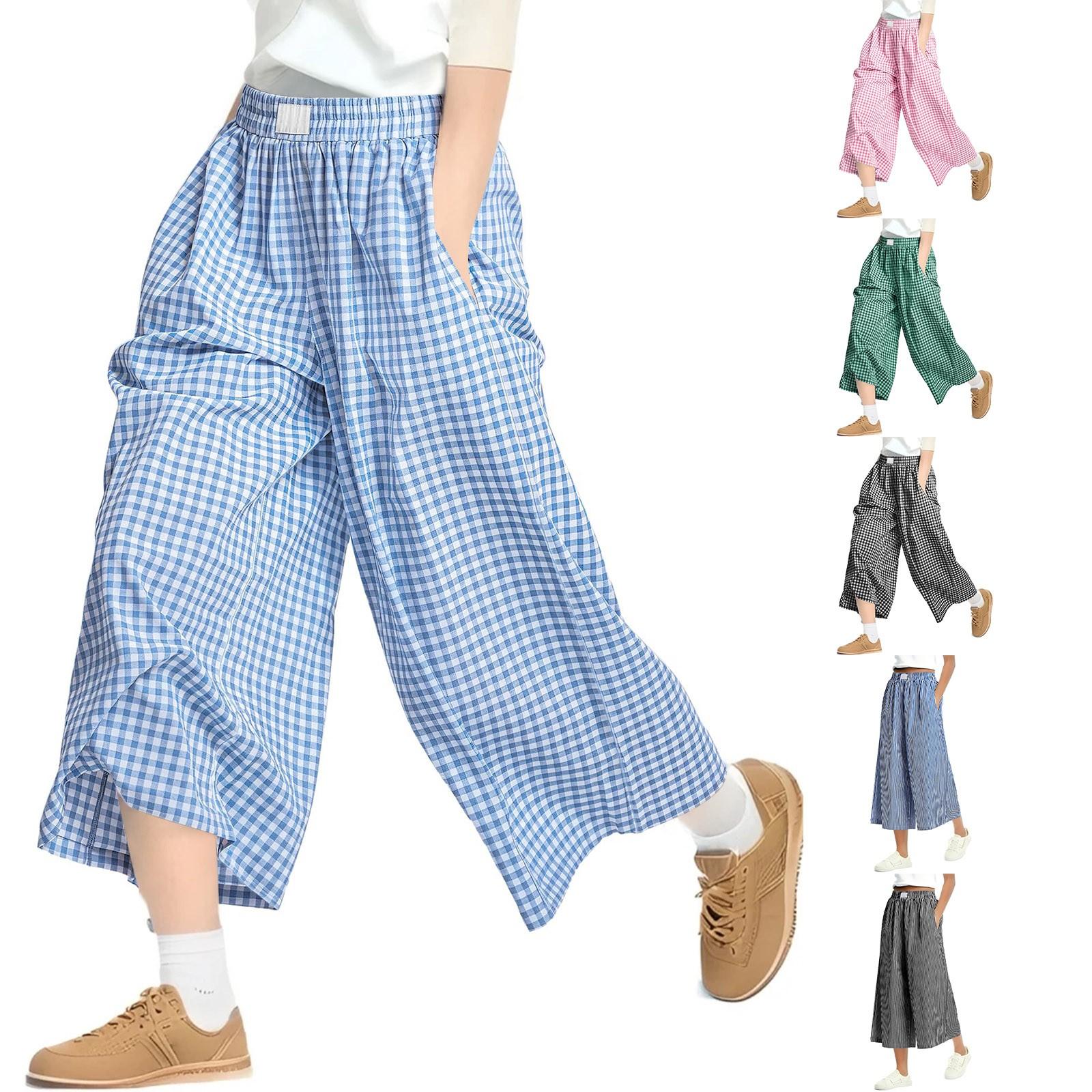 

Fashion Pants Loose Wide Leg Cropped Pants Women s Plaid Pants Shorts Pocket Pants Plaid Pants With Tops XL рожевий