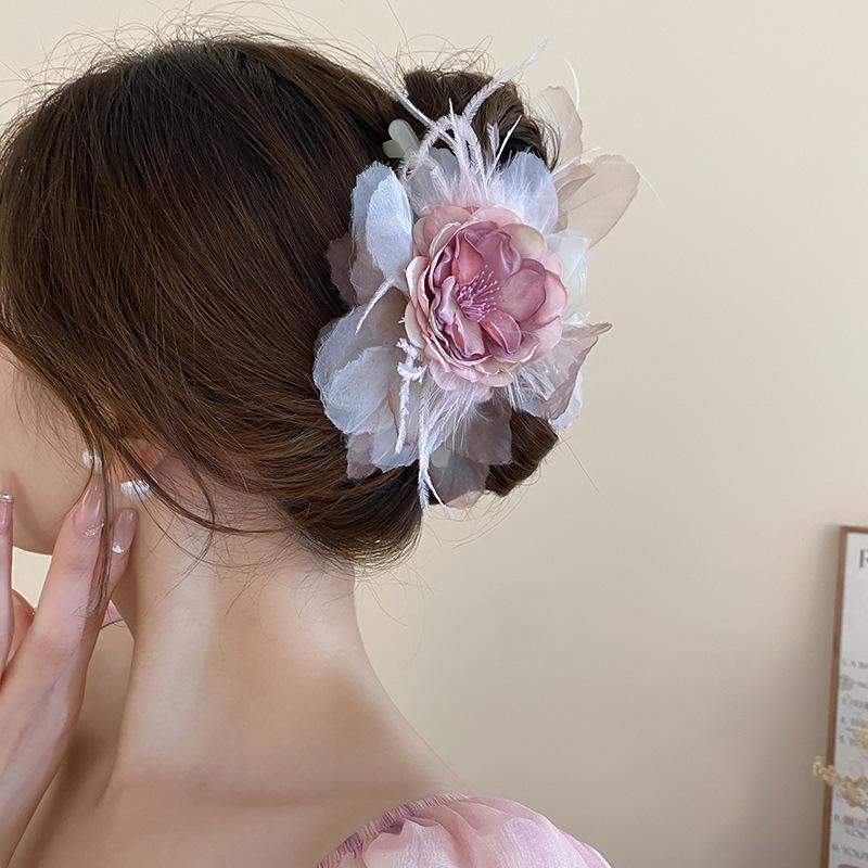 Super Fairy Lace Fabric Flower Feather Grab Clip Elegant Internet Celebrity Back Head Hair Clip