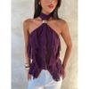 Purple Halter Mesh Ruffled Off Shoulder Sleeveless Sexy Women Casual Top