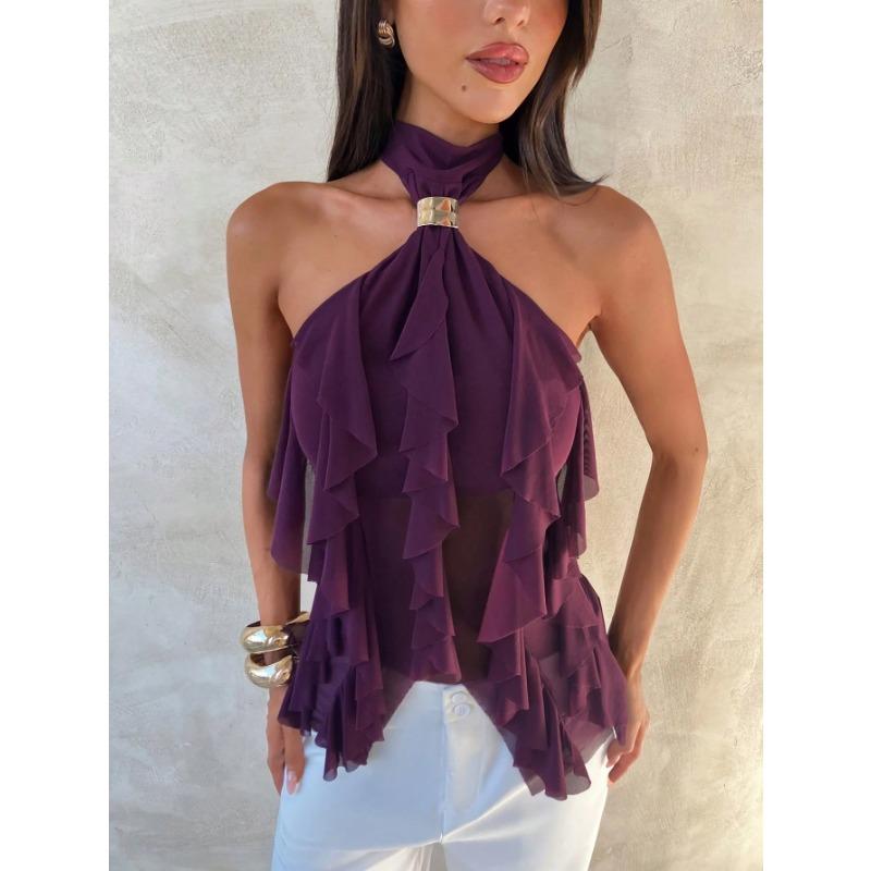 Purple Halter Mesh Ruffled Off Shoulder Sleeveless Sexy Women Casual Top