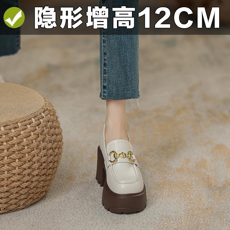 Inner height increase 12cm loafer single shoes genuine leather black thick sole new small leather shoes women 3233 black small leather