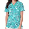 Surgical Uniforms Woman Dental Tool Patterns Health Care Scrub Uniform Fashion V-Neck Short Sleeve Tee Tops Oral Medical Clothes