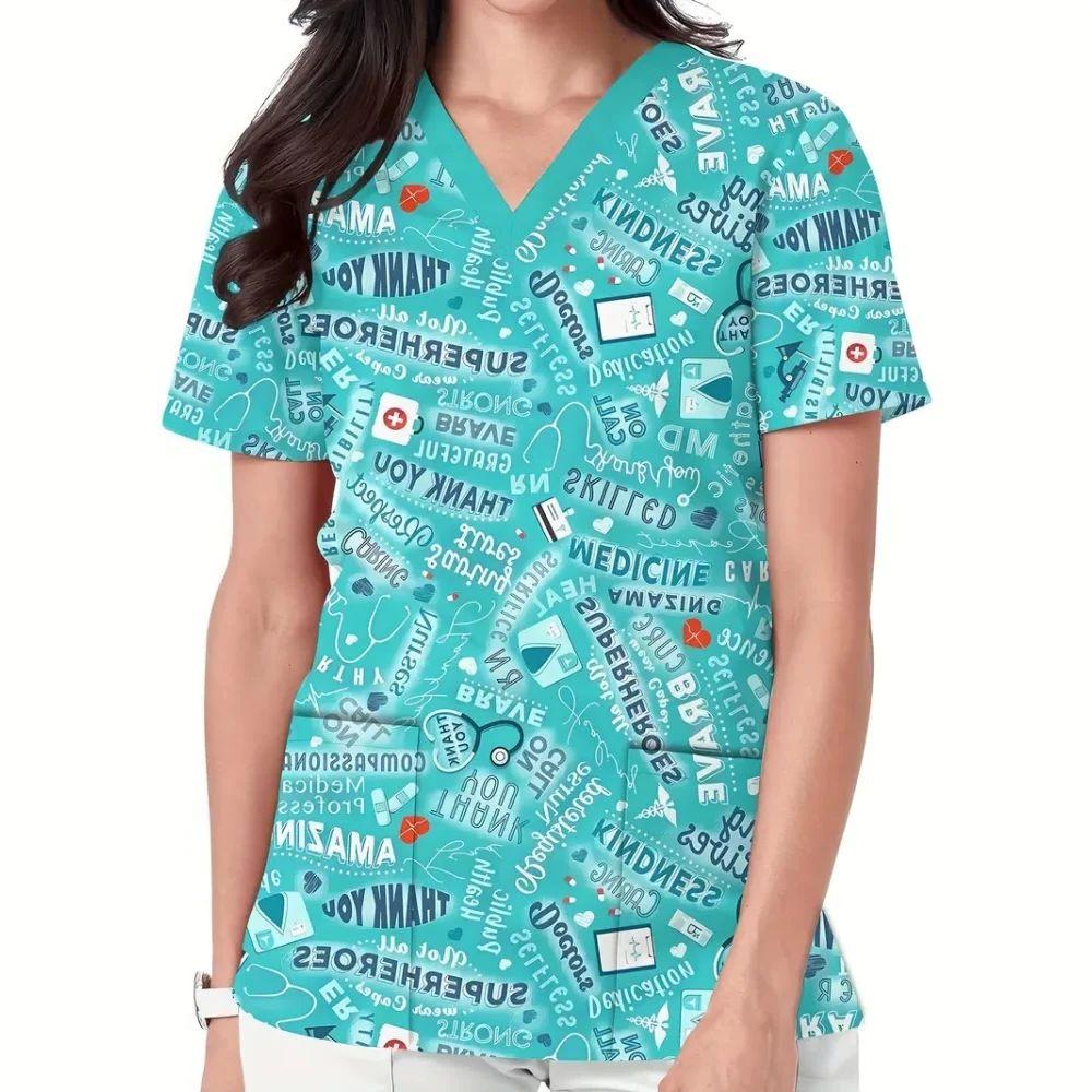 Surgical Uniforms Woman Dental Tool Patterns Health Care Scrub Uniform Fashion V-Neck Short Sleeve Tee Tops Oral Medical Clothes