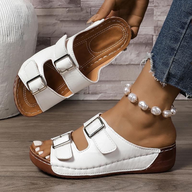 Fashion Women's Plus Size White Wedge Sandals Fashion Buckle Decor Platform Slippers Woman Lightweight Comfortable Summer Beach Slides