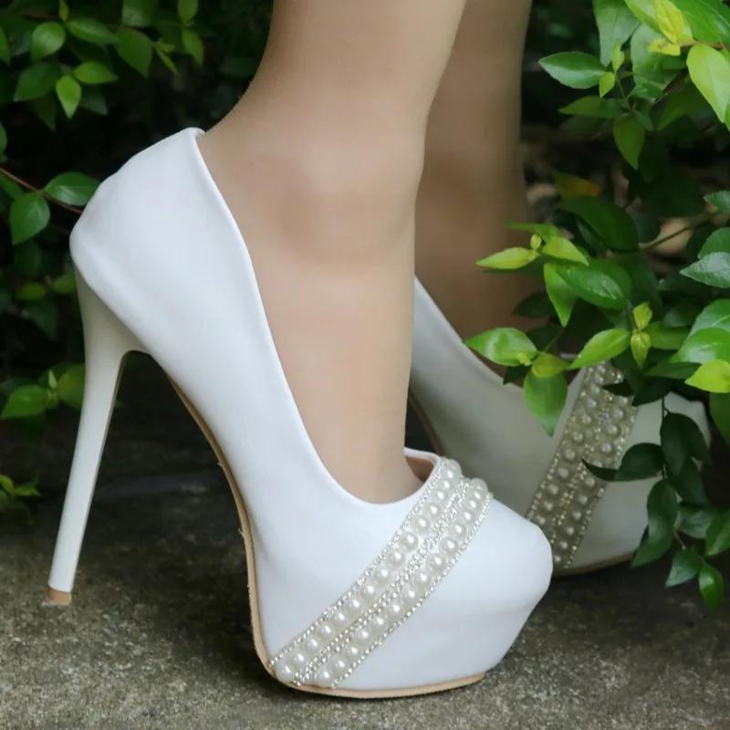 Women Pumps Pointed Toe String Bead Slip-On PU 14CM Thin Heels Party Prom Mature Banquet Wedding Shoes Sexy Ladies Party Shoes
