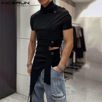 Men Mochneck Short Sleeve Fitted Hollow Out Tops Casual Knitted Irregular Tunic T-shirts