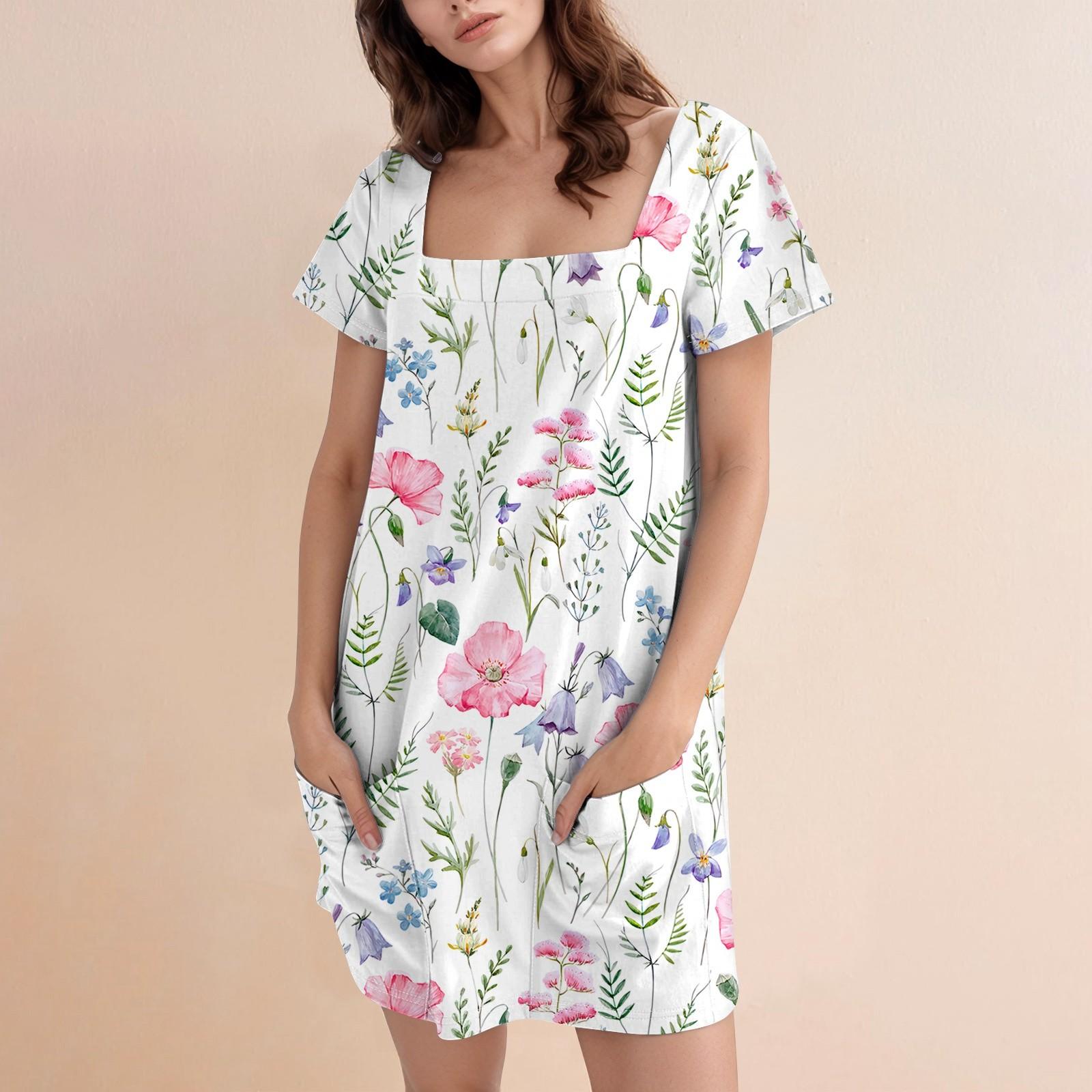 

Женская модная юбка с квадратным воротником и коротким рукавом, повседневное платье с цветочным принтом и карманом XXL белый