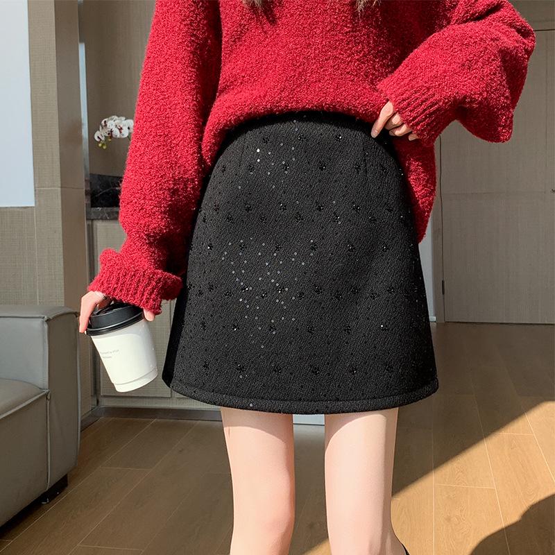 Women's High-Waist Sequined Wool A-line Skirt - Autumn/Winter
