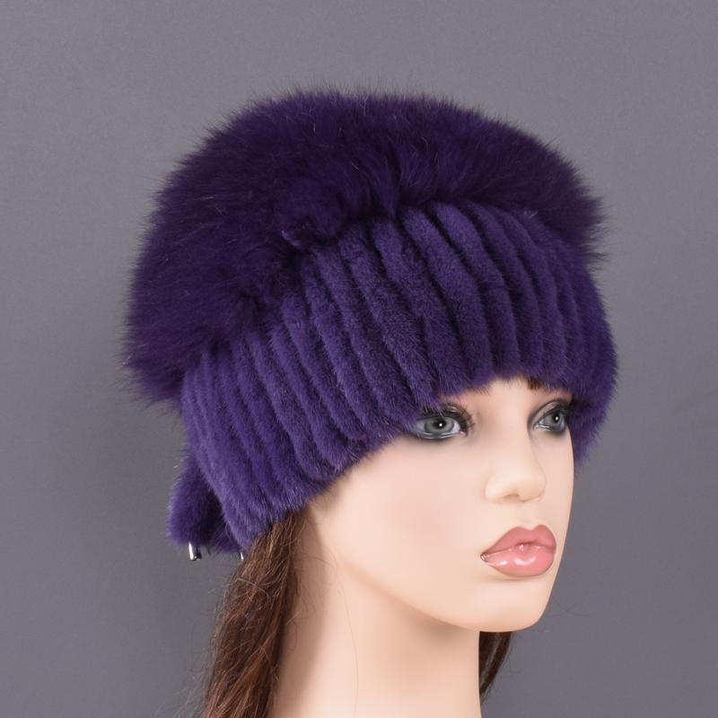 

Зимняя шапка женская из натурального меха кролика рекс и лисы с помпоном и хвостиками, шапка-бини вязаная One Size тёмно-синий