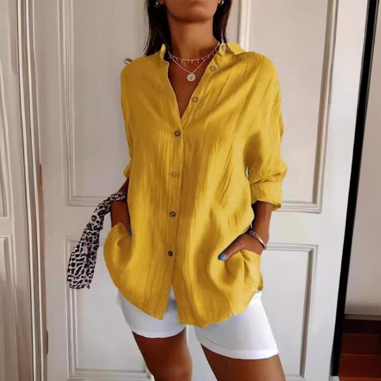 European Style Women Solid Pleated Shirt with Lapel and Roll Up Sleeves