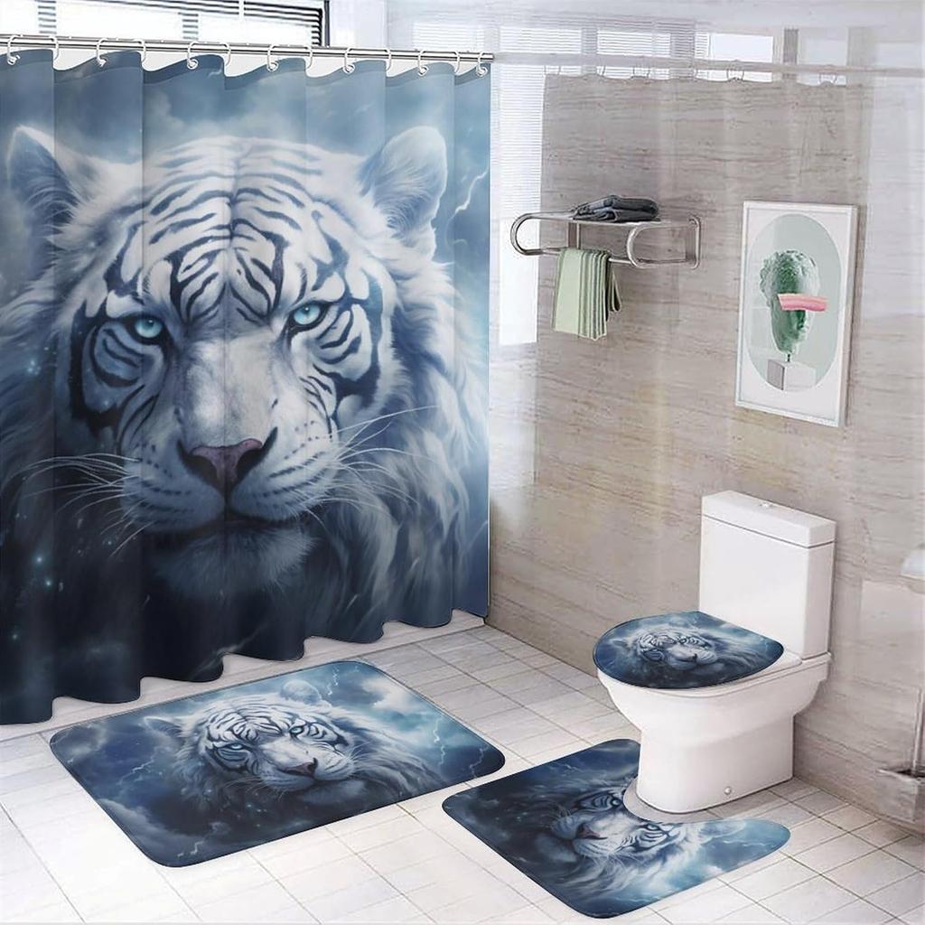 Moon White Tiger Shower Curtain Sets With Rugs Toilet Lid Cover And Bath Mat Fantasy Wild Animals Forest Shower Curtains With 12