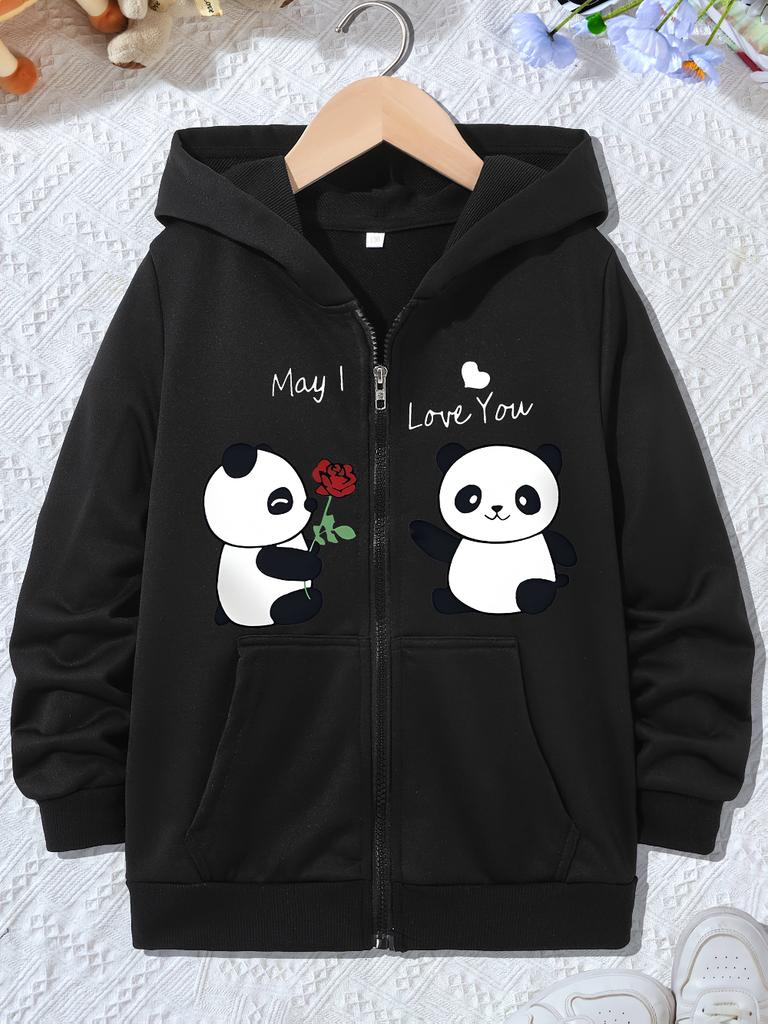 Kids Zip Up Hoodie Boys Girls Black Panda Print Fall Winter Sweatshirt Cute Cartoon Casual Long Sleeve Jacket Top Outfit Toddler