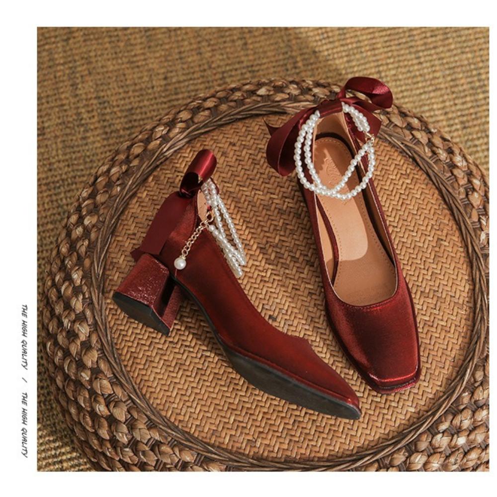 2025 New French-Style Women's Wedding Shoes - Bowknot Fairy Bridesmaid Shoes, Two-Way Wear Block Heel, Comfortable Non-Tiring Feet, StyleXCY34-888-200