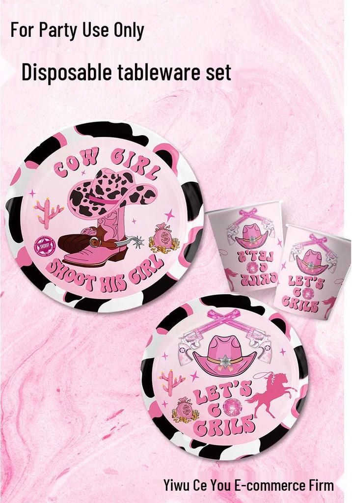Pink Cowgirl Party Tableware Set: Gun & Rose Series Cups, Plates, Decorations