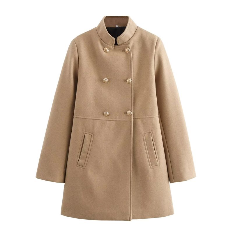 Fall and Winter New Women's Clothing Gold Button Decoration Wool Blend Double Breasted Stand Collar Coat Outwear 9037141