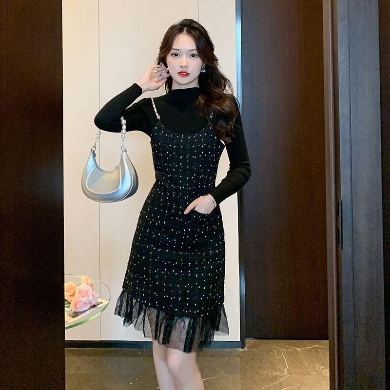 

French Style Woolen Mesh Polka Dot Dress Set for Autumn & Winter L