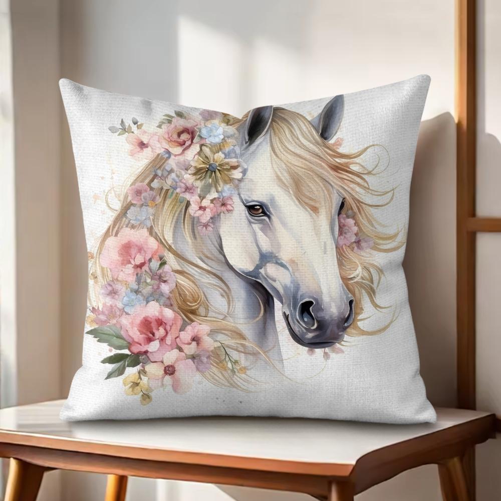 Watercolor Horse  Floral Cushion Cover Natural Linen Organic Fabric DoubleSided Printing Couch Pillow Covers Home Decor