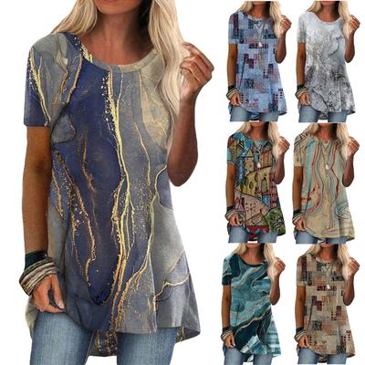 Mode Dam Sommar Casual Strand Retro Lös Rund Hals Kort Ärm Etniskt Tryck T-shirt Toppar