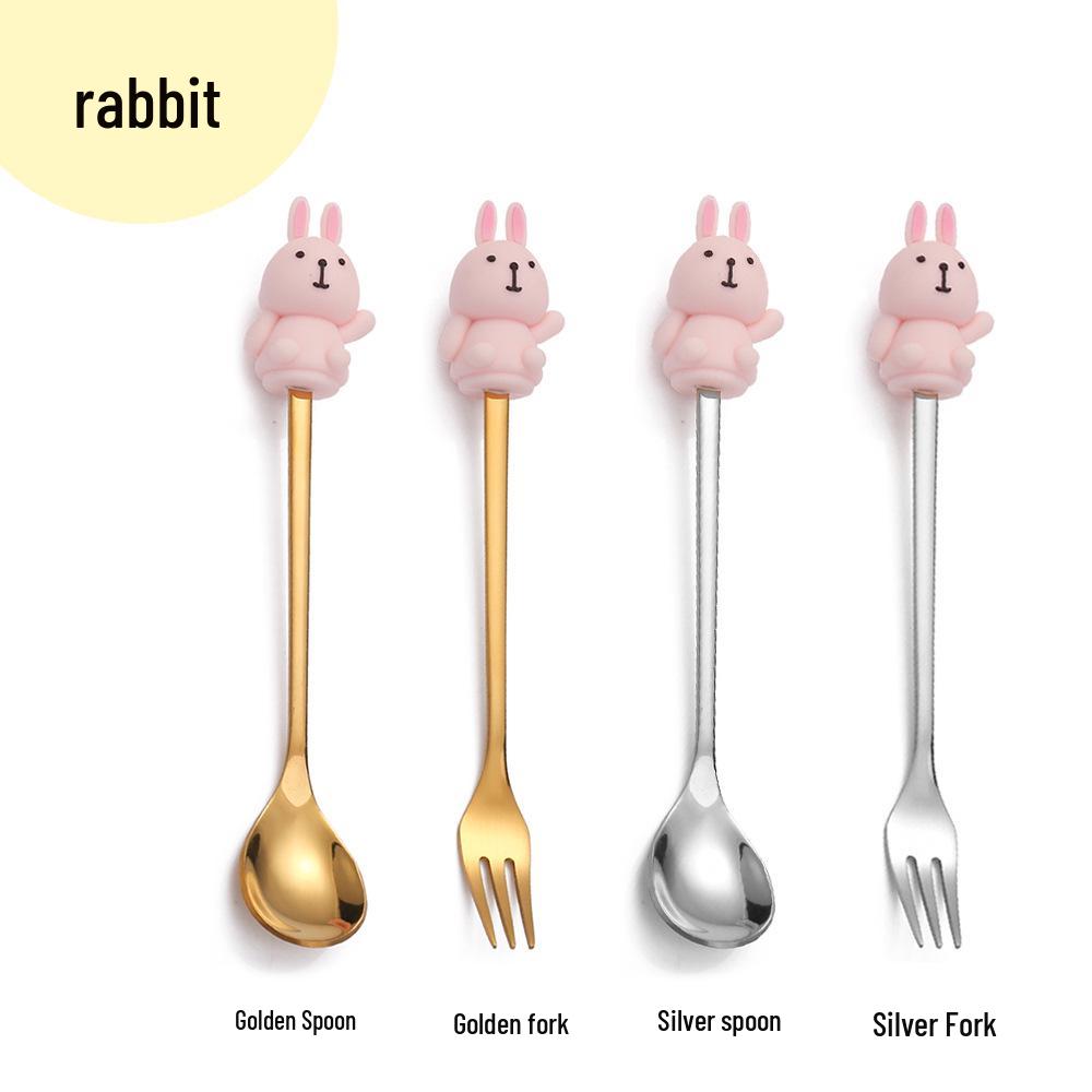 Cartoon Rabbit Christmas Dessert Spoon and Fork Set - Cute Party Favor Stirring Spoon