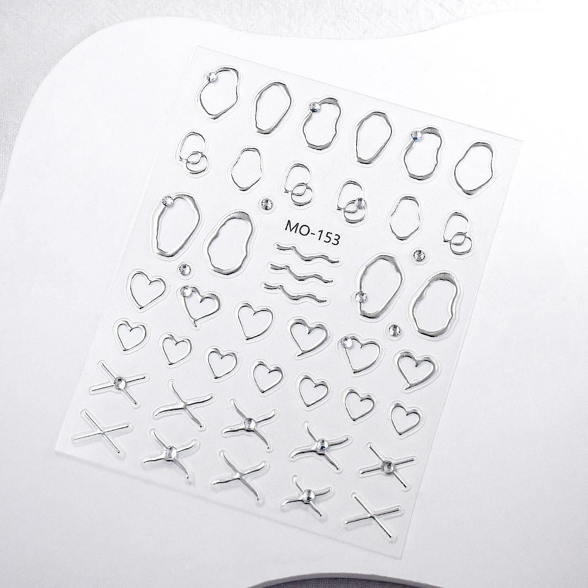 Crystal Diamond Heart & Metal Frame Nail Stickers, Irregular Line Cutout, French Gold/Silver Design