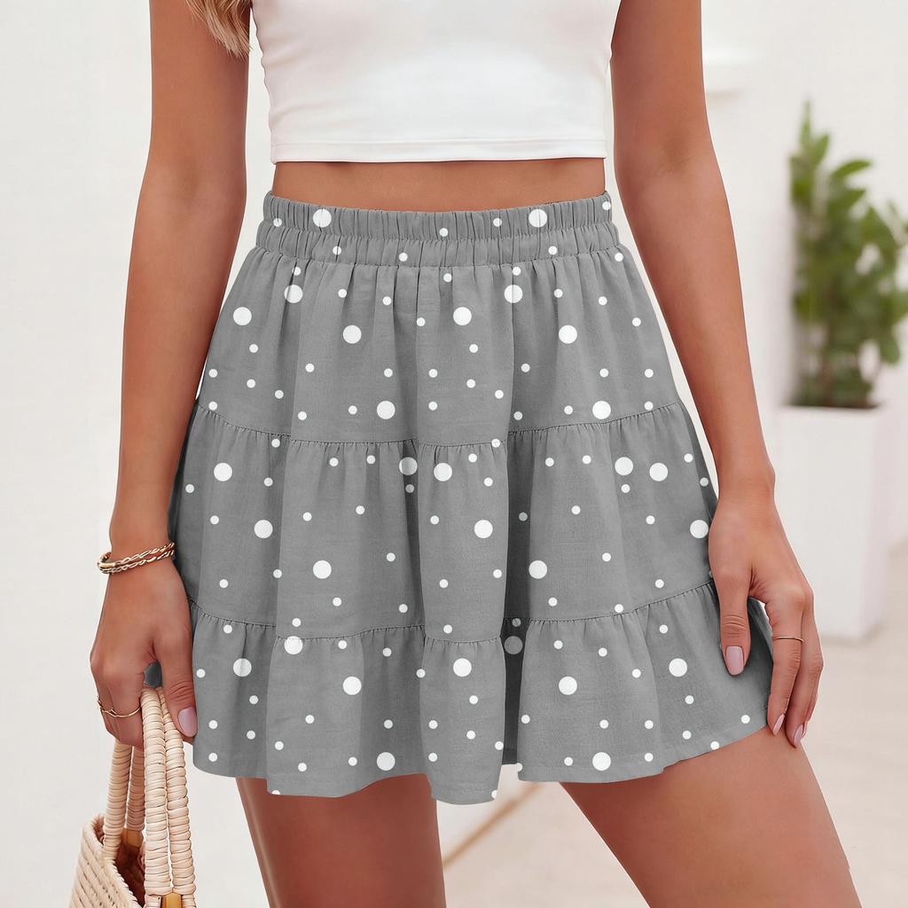 Women Polka Dot Print Casual Beach Skirt Elastic Waist Tiered Mini Skirt Lightweight Comfortable Summer Skirt