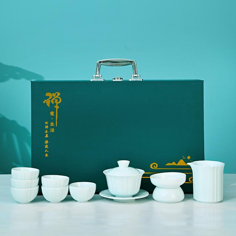 Dehua Suet Jade Porcelain Kung Fu Tea Set Gift Box, Thousands of Miles of Jiangshan, the Whole Set of Activities Accompanied by Hand Gifts